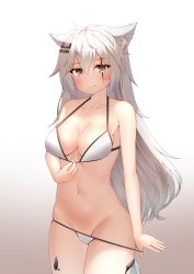 Rule 34 | 1girl, animal ears, arknights, bare arms, bare shoulders, bikini, bikini pull, blush, breasts, clothes pull, collarbone, commentary, cowboy shot, deaver, gradient background, grey background, grey eyes, groin, hair between eyes, hair ornament, hairclip, halterneck, highres, lappland (arknights), long hair, looking at viewer, material growth, medium breasts, navel, oripathy lesion (arknights), scar, scar across eye, scar on face, silver hair, smile, solo, standing, stomach, swimsuit, thighs, very long hair, white background, white bikini, wolf ears