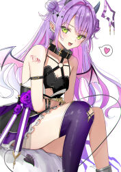 Rule 34 | 1girl, :d, absurdres, amane kanata, amane kanata (another world), amane kanata (cosplay), arm tattoo, bare shoulders, c1p122, collarbone, cosplay, demon girl, demon horns, demon tail, demon wings, double bun, ear piercing, earrings, green eyes, hair bun, heart, high-waist skirt, highres, hololive, horns, jewelry, long hair, looking at viewer, multiple earrings, open mouth, piercing, pointy ears, purple hair, simple background, single thighhigh, sitting, skirt, smile, solo, spoken heart, strapless, tail, tattoo, thighhighs, tokoyami towa, tube top, virtual youtuber, white background, wings