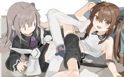 Rule 34 | 2girls, aged down, brown eyes, brown hair, dinergate (girls&#039; frontline), girls&#039; frontline, grey hair, hair ribbon, long hair, looking at viewer, multiple girls, no shoes, official alternate costume, one side up, open mouth, pantyhose, ribbon, sandwiched, sangvis ferri, scar, scar across eye, scar on face, scarf on head, shorts, suspenders, twintails, ump45 (girls&#039; frontline), ump9 (girls&#039; frontline), white pantyhose, yellow eyes, yuki hotaru, | |