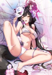 Rule 34 | 1girl, absurdres, animal ear fluff, animal ears, beach umbrella, bikini, black hair, blue archive, blunt ends, blush, breasts, cleavage, colored inner hair, covered erect nipples, flower, fox ears, fox mask, fox tail, hair flower, hair ornament, halo, highres, large breasts, leg up, long hair, looking at viewer, mask, multicolored hair, navel, oil-paper umbrella, open mouth, parasol, red hair, smile, solo, spread legs, string bikini, swimsuit, tail, tail ornament, thigh strap, tousaki (tousakiworks), two-tone hair, umbrella, wakamo (blue archive), wakamo (swimsuit) (blue archive), white bikini, yellow eyes