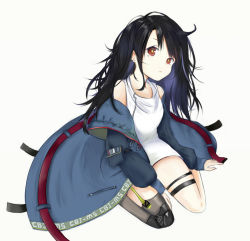 Rule 34 | 1girl, ahoge, arm at side, arm strap, bad id, bad pixiv id, belt, belt boots, between legs, black hair, black thighhighs, boots, c-ms (girls&#039; frontline), closed mouth, clothes writing, coat, collarbone, dress, expressionless, girls&#039; frontline, green socks, grey background, hair over one eye, hand between legs, head tilt, knee pads, long hair, looking at viewer, messy hair, microdress, mole, mole under eye, multicolored coat, multiple belts, off shoulder, open clothes, open coat, pocket, pouch, qian qian hua, red eyes, sidelocks, simple background, single knee pad, single sock, single thighhigh, sitting, socks, solo, strap, thigh strap, thighhighs, white dress, yokozuwari, zipper