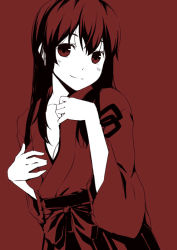 Rule 34 | 10s, 1girl, akagi (kancolle), blush, breasts, cleavage, hakama, hakama short skirt, hakama skirt, japanese clothes, kantai collection, kouji (campus life), long hair, looking at viewer, md5 mismatch, medium breasts, monochrome, personification, red theme, simple background, skirt, smile, solo, spot color