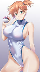 Rule 34 | 1girl, adapted costume, asymmetrical hair, bare legs, bare shoulders, blush, breasts, competition swimsuit, covered navel, cowboy shot, creatures (company), game freak, gradient background, green eyes, gym leader, highleg, highleg swimsuit, huge breasts, kumakichi (cost-lost), large breasts, legs, legs together, looking at viewer, misty (pokemon), navel, nintendo, nipples, one-piece swimsuit, one eye closed, orange hair, poke ball, pokemon, pokemon rgby, ponytail, red hair, short hair, side ponytail, sideboob, smile, solo, swimsuit, thick thighs, thighs, white background, white one-piece swimsuit, wide hips