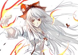 Rule 34 | 1girl, blonde hair, breasts, chinese commentary, closed mouth, collared shirt, commentary request, fujiwara no mokou, hair ribbon, highres, long hair, medium breasts, mxx33, red eyes, red ribbon, ribbon, shirt, sketch, sleeves past elbows, solo, suspenders, touhou, upper body, white hair, white shirt