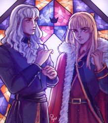 Rule 34 | 2boys, androgynous, ascot, belt, berserk, blonde hair, canute, cape, coat, crown, eyebrows, eyelashes, facial scar, fur, fur collar, fur trim, grey hair, griffith (berserk), long hair, looking at another, male focus, multiple boys, ornament, prince, red cape, scar, scar on cheek, scar on face, sidelocks, stained glass, viking, vinland saga