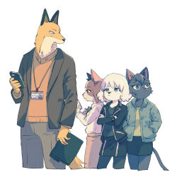 Rule 34 | 1boy, 3girls, animal ears, black jacket, black skirt, blue eyes, brown jacket, brown pants, cat ears, cat girl, cat tail, closed mouth, collared shirt, commentary request, cowboy shot, cropped legs, crossed arms, dog girl, fox boy, fox ears, furry, furry female, furry male, hand up, hands in pockets, highres, holding, holding phone, ichimura shiho, id card, jacket, kinjo (momoyorieki), lanyard, long sleeves, looking at another, looking at phone, mitsuya yuki, multiple girls, nikaidou rui, odd taxi, open mouth, pants, phone, shirt, short hair, simple background, skirt, standing, tail, white background, white shirt, yamamoto fuyuki