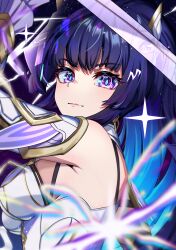 Rule 34 | 1girl, absurdres, armor, armored dress, bare shoulders, breasts, bright pupils, closed mouth, cruzvu, highres, holding, holding sword, holding weapon, honkai (series), honkai impact 3rd, katana, long hair, looking at viewer, medium breasts, ponytail, purple eyes, purple hair, raiden mei, raiden mei (herrscher of origin), smile, solo, sparkle, sword, upper body, very long hair, weapon