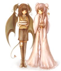 Rule 34 | 2girls, :d, alternate color, alternate hair color, amano jack, bad id, bad pixiv id, bat wings, book, brooch, brown hair, chain, crescent, crescent moon, demon tail, embodiment of scarlet devil, female focus, finger to mouth, head wings, highres, jewelry, koakuma, legband, moon, multiple girls, no headwear, no headwear, open mouth, patchouli knowledge, purple eyes, purple hair, red eyes, ribbon, smile, tail, tail ornament, tail ribbon, thighhighs, touhou, vest, wings