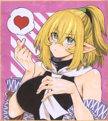 Rule 34 | 1girl, absurdres, black shirt, blonde hair, blush, breasts, closed mouth, commentary request, finger heart, green eyes, hair between eyes, half updo, heart, high ponytail, highres, large breasts, long bangs, matsuri kyuuta, mizuhashi parsee, parsee day, pink background, pointy ears, scarf, shikishi, shirt, short hair, short ponytail, sleeveless, sleeveless shirt, solo, spoken heart, touhou, upper body, white scarf