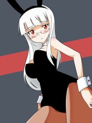 Rule 34 | 1girl, blush, breasts, detached collar, glasses, head wings, heidimarie w. schnaufer, leotard, long hair, medium breasts, pantyhose, playboy bunny, red eyes, solo, strike witches, tears, white hair, wings, world witches series, wrist cuffs, yumekaranigeruna