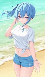 Rule 34 | 1girl, beach, blue eyes, blue hair, blue shorts, bracelet, breasts, crop top, day, denim, denim shorts, earrings, floating hair, hand up, highres, hololive, hoshimachi suisei, jewelry, midriff, navel, necklace, norio (noriosub), parted lips, shirt, short shorts, shorts, side ponytail, small breasts, smile, solo, star (symbol), star earrings, stomach, thighs, tied shirt, virtual youtuber