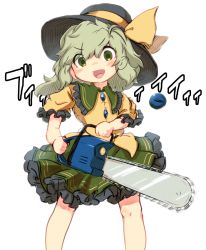 Rule 34 | 1girl, :d, black hat, blouse, blush stickers, chainsaw, commentary request, feet out of frame, green eyes, hat, holding, holding chainsaw, komeiji koishi, looking at viewer, open mouth, shirt, simple background, smile, solo, standing, touhou, uisu (noguchipint), v-shaped eyebrows, white background, yellow shirt