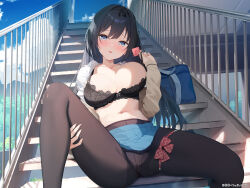 Rule 34 | 1girl, black bra, black hair, black pantyhose, blue eyes, blue sky, bra, breasts, cardigan, clothes lift, cloud, collarbone, condom, condom wrapper, day, hair between eyes, highres, holding, large breasts, looking at viewer, navel, nijihashi sora, non-web source, open clothes, open mouth, open shirt, original, outdoors, panties, panties under pantyhose, pantyhose, railing, school uniform, shirt, sidelocks, sitting, skirt, skirt lift, sky, solo, spread legs, stairs, sweater, underwear, white shirt