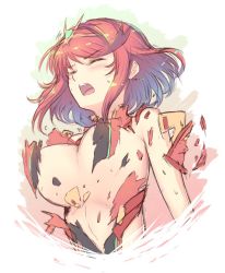 Rule 34 | 1girl, bare shoulders, blush, bouncing breasts, breasts, cat with a brush, closed eyes, cropped torso, exploding clothes, from below, gem, large breasts, open mouth, pyra (xenoblade), red hair, short hair, solo, sweat, swept bangs, tiara, torn clothes, underboob, upper body, v-shaped eyebrows, xenoblade chronicles (series), xenoblade chronicles 2