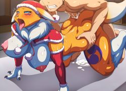 Rule 34 | 1boy, 1girl, 68, blue eyes, blush, breasts, christmas, cum, cum in pussy, digimon, digimon (creature), faceless, faceless male, fox, furry, hat, hetero, large breasts, open mouth, renamon, santa hat, sex, tongue, tongue out