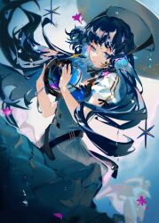 Rule 34 | 1girl, absurdres, animal ears, arknights, astesia (arknights), astesia (starseeker) (arknights), belt, bird ears, blue background, blue hair, byuey, earrings, globe, hat, highres, holding, jewelry, long hair, looking at object, smile, solo, wide brim