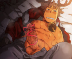 Rule 34 | 1boy, abs, animal ears, antlers, bad id, bad pixiv id, bara, bell, blush, brown eyes, brown hair, christmas, collar, deer boy, deer ears, denim, erection, feet out of frame, gift wrapping, horns, jeans, large pectorals, lying, male focus, muscular, navel, neck bell, nipples, on back, open pants, original, pants, pectorals, penis, reindeer antlers, sagami jon, santa costume, short hair, solo, testicles, thick thighs, thighs