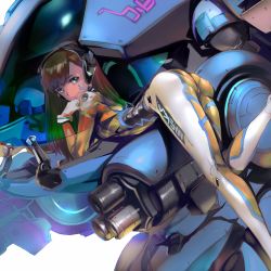 Rule 34 | 1girl, arched back, breasts, brown hair, commentary request, d.va (overwatch), facepaint, facial mark, grey eyes, hand on own shoulder, headphones, highres, long hair, looking at viewer, mecha, overwatch, overwatch 1, robot, shimoguchi tomohiro, skindentation, solo, standing, standing on one leg, uniform, whisker markings