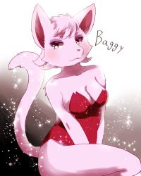 Rule 34 | 1girl, artist request, bagi, breasts, cat, cleavage, daishizen no majyuu bagi, female focus, furry, furry female, gradient background, leotard, pink hair, red eyes, sitting, solo, tail, white background
