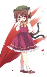 Rule 34 | 1girl, animal ears, bad id, bad pixiv id, bespectacled, blood, brown hair, cat ears, cat girl, cat tail, chen, earrings, excessive nosebleed, female focus, glasses, hat, jewelry, matsusaka gyuu, multiple tails, nosebleed, red-framed eyewear, red eyes, short hair, solo, tail, touhou, twintails