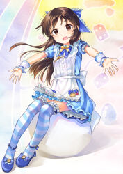 Rule 34 | 1girl, apron, blue bow, blue dress, blue footwear, bow, bowtie, brown eyes, brown hair, commentary request, dress, egg, floating hair, frilled apron, frilled bow, frilled thighhighs, frills, full body, hair bow, highres, idolmaster, idolmaster cinderella girls, idolmaster cinderella girls starlight stage, jewelry, kawaseki, key, key necklace, long hair, looking at viewer, multicolored background, necklace, open mouth, outstretched arms, puffy short sleeves, puffy sleeves, short sleeves, sitting, smile, solo, spread arms, striped clothes, striped thighhighs, tachibana arisu, thighhighs, white apron, wrist cuffs