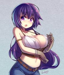 Rule 34 | 1girl, artist name, belt, blueberry (5959), blush, breasts, brown gloves, cleavage, corset, covered erect nipples, denim, gloves, jeans, large breasts, long hair, navel, open mouth, original, pants, purple hair, simple background, solo, tears
