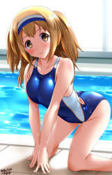 Rule 34 | 1girl, adapted costume, all fours, ass, blue one-piece swimsuit, breasts, brown eyes, collarbone, competition swimsuit, dated, hair between eyes, hairband, highres, i-26 (kancolle), indoors, kantai collection, light brown hair, lips, looking at viewer, medium breasts, one-piece swimsuit, pool, poolside, reflection, rei no pool, shiny clothes, smile, solo, sunlight, swimsuit, tsuchimiya, two-tone hairband, water, wet, wet clothes, wet swimsuit, window