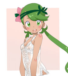 Rule 34 | 1girl, :d, bare shoulders, blush, breasts, cleavage, collarbone, creatures (company), dark-skinned female, dark skin, flower, flower on head, game freak, green eyes, green hair, hair flower, hair ornament, looking at viewer, mallow (pokemon), nightgown, nintendo, ookamiuo, open mouth, pokemon, pokemon sm, round teeth, simple background, small breasts, smile, solo, swept bangs, teeth, trial captain, twintails, upper body, white background