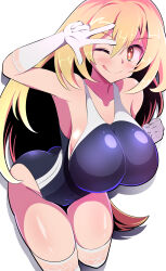 Rule 34 | 1girl, ass, black one-piece swimsuit, blonde hair, blush, breasts, competition swimsuit, elbow gloves, gloves, harubato, highres, large breasts, long hair, looking at viewer, matching hair/eyes, one-piece swimsuit, school swimsuit, shokuhou misaki, smile, solo, star-shaped pupils, star (symbol), swimsuit, symbol-shaped pupils, thighhighs, toaru kagaku no mental out, toaru kagaku no railgun, toaru majutsu no index, tokiwadai school swimsuit, white gloves, yellow eyes