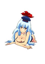 Rule 34 | 1girl, bad id, bad pixiv id, bare shoulders, blue hair, blush, breasts, brown eyes, camisole, collarbone, female focus, hat, kamishirasawa keine, large breasts, long hair, lying, non (z-art), panties, simple background, solo, strap slip, touhou, underwear, underwear only, white background, white panties