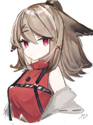 Rule 34 | 1girl, 343 (sashimi), animal ears, arknights, artist name, cropped torso, cutter (arknights), fox ears, hair between eyes, hair ornament, hairclip, jacket, jewelry, long hair, looking at viewer, necklace, off shoulder, open clothes, open jacket, ponytail, red eyes, red shirt, shirt, simple background, sleeveless, sleeveless shirt, solo, upper body, white background, white jacket, x hair ornament