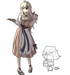 Rule 34 | 1boy, 1girl, alcohol, alternate costume, artist name, artist self-insert, beer, bow, collar, commander (girls&#039; frontline), dated, dress, eating, embroidery, food, fork, girls&#039; frontline, hair ornament, hairclip, hat, high heels, holding, holding fork, iws 2000 (girls&#039; frontline), long hair, long sleeves, madcore, monocle, partially colored, plate, red eyes, ribbon trim, sash, sausage, silver hair, straw, white background
