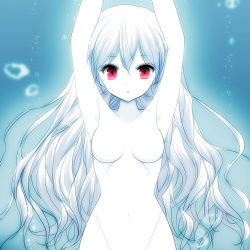 Rule 34 | 1girl, armpits, arms up, bad id, bad pixiv id, blue background, breasts, bubble, colored skin, groin, long hair, looking at viewer, mio yanagihara, navel, no nipples, nude, original, parted lips, red eyes, silver hair, small breasts, solo, underwater, upper body, very long hair, wavy hair, white skin