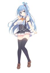 Rule 34 | 1girl, absurdres, black thighhighs, blue eyes, blue hair, blue ribbon, bra, breasts, emori miku, hair ornament, hair ribbon, highres, knees together feet apart, liver city, long hair, looking at viewer, matching hair/eyes, medium breasts, miko (royal milk), ribbon, see-through, simple background, skirt, smile, solo, thighhighs, underwear, white background