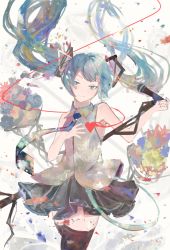 Rule 34 | 1girl, absurdres, aqua eyes, aqua hair, aqua nails, aqua necktie, bare shoulders, black skirt, black thighhighs, bouquet, commentary, cowboy shot, double dougnuts, floating hair, flower, grey shirt, hair ornament, half-closed eyes, hand on own chest, hatsune miku, heart, highres, holding, holding behind back, holding microphone, huge filesize, long hair, looking at viewer, microphone, microphone stand, miniskirt, nail polish, necktie, holding behind back, pleated skirt, shirt, skirt, sleeveless, sleeveless shirt, smile, solo, standing, string, thighhighs, twintails, very long hair, vocaloid, zettai ryouiki