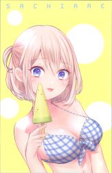 Rule 34 | 1girl, absurdres, bare shoulders, bikini, blue bikini, blue eyes, breasts, cleavage, food, front-tie bikini top, front-tie top, hair between eyes, hand up, highres, holding, holding food, holding popsicle, kakkou no iinazuke, large breasts, looking at viewer, medium hair, navel, official art, one side up, popsicle, simple background, solo, swimsuit, tongue, tongue out, umino sachi (kakkou no iinazuke), underboob, upper body, white bikini, yellow background, yoshikawa miki