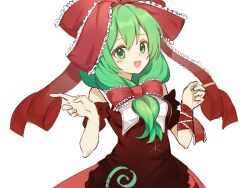 Rule 34 | 1girl, arm ribbon, bare shoulders, bow, dress, frilled bow, frilled ribbon, frills, front ponytail, green eyes, green hair, hair bow, hair ribbon, highres, kagiyama hina, looking at viewer, off-shoulder dress, off shoulder, open mouth, puffy short sleeves, puffy sleeves, red bow, red ribbon, ribbon, short sleeves, shuoqilaiyoudian, simple background, smile, solo, touhou, white background