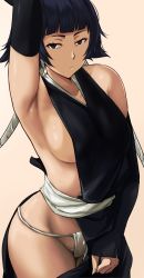 Rule 34 | 1girl, arm up, armpits, bare shoulders, black eyes, black hair, bleach, breasts, cafekun, closed mouth, commentary request, cum, cum in pussy, fundoshi, haori, japanese clothes, large breasts, long hair, looking at viewer, orange background, sideboob, simple background, solo, sui-feng, suzumebachi (shikai), taichou haori