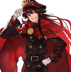 Rule 34 | 1girl, absurdres, black hair, black hat, black jacket, cape, commentary request, fate/grand order, fate (series), gloves, hair between eyes, hat, highres, jacket, jewelry, koha-ace, long hair, long sleeves, looking at viewer, military hat, military jacket, oda nobunaga (fate), oda nobunaga (koha-ace), peaked cap, red cape, red eyes, simple background, solo, standing, white background, white gloves, yoshio (55level)