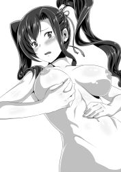 Rule 34 | 1girl, blush, breasts, grabbing, grabbing another&#039;s breast, greyscale, groin, kan&#039;u unchou, koihime musou, large breasts, monochrome, navel, nipples, open mouth, shin&#039;ya (shin&#039;yanchi), simple background, solo, white background