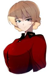 Rule 34 | 1girl, blonde hair, blue eyes, braid, closed mouth, commentary, cropped torso, darjeeling (girls und panzer), epaulettes, girls und panzer, highres, insignia, jacket, long sleeves, looking at viewer, military, military uniform, mityubi, red jacket, short hair, simple background, smile, solo, st. gloriana&#039;s military uniform, twin braids, uniform, upper body, white background