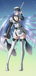 Rule 34 | 1girl, absurdres, akame ga kill!, blue eyes, boots, breasts, chest tattoo, cleavage, esdeath, hat, high heel boots, high heels, highres, holding, holding sword, holding weapon, jacket, large breasts, military, military hat, military jacket, military uniform, smile, sword, tattoo, uniform, user gurx4347, weapon, white footwear, white jacket