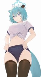 Rule 34 | 1girl, alternate costume, animal ears, black buruma, black thighhighs, blue archive, breasts, buruma, closed mouth, flippy (cripine111), green hair, gym shirt, gym uniform, hair between eyes, highres, large breasts, navel, purple eyes, shigure (blue archive), shirt, short hair, short sleeves, simple background, solo, tail, thighhighs, weasel ears, weasel tail, white background, white shirt
