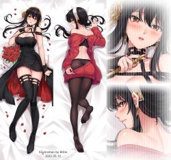 Rule 34 | 1girl, artist request, ass, black dress, black hair, blush, breasts, butt crack, cleavage, dakimakura (medium), dress, earrings, feet, from behind, hairband, jewelry, long hair, looking at viewer, looking back, lying, on stomach, panties, panties under pantyhose, pantyhose, red eyes, red sweater, soles, solo, spy x family, sweater, thighhighs, toes, underwear, yor briar