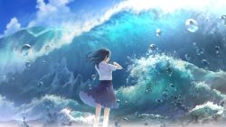 Rule 34 | 1girl, beach, black hair, blue sky, bow (music), closed eyes, cloud, facing away, floating hair, from behind, holding, holding bow (music), instrument, long hair, m.b, medium skirt, motion blur, music, playing instrument, pleated skirt, school uniform, shirt, skirt, sky, solo, standing, surges (song), violin, water drop, waves, white shirt, wind, wind lift