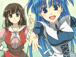 Rule 34 | 2girls, :d, almaria duffner, blue eyes, blue hair, brown eyes, brown hair, chiharu (9654784), chtholly nota seniorious, collarbone, corset, hand on own hip, jewelry, long hair, long sleeves, looking at viewer, multiple girls, open mouth, outstretched arm, pink shirt, sailor collar, shirt, shuumatsu nani shitemasu ka?, smile, two side up, upper body, very long hair, white sailor collar