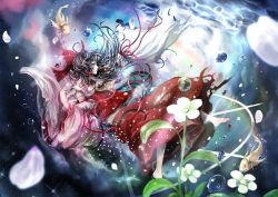 Rule 34 | 1girl, air bubble, ascot, barefoot, black hair, bow, bubble, chama (painter), detached sleeves, facing away, fish, flower, frown, gradient background, hair bow, hair tubes, hakurei reimu, leaf, long hair, looking up, multicolored hair, outstretched hand, parted lips, petals, profile, red eyes, ribbon-trimmed sleeves, ribbon trim, sinking, skirt, skirt set, solo, sparkle, streaked hair, touhou, underwater