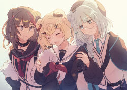 Rule 34 | 3girls, animal ears, arknights, arm hug, armband, artist name, backlighting, beret, black coat, black shirt, blonde hair, blue eyes, blue necktie, blush, braid, braided ponytail, brown hair, candy hair ornament, closed eyes, closed mouth, coat, collar, collared shirt, commentary, earbuds, earphones, food-themed hair ornament, fur-trimmed coat, fur trim, grey eyes, grey hair, gummy (arknights), hair ornament, hairclip, hat, highres, istina (arknights), jacket, jacket on shoulders, long hair, long sleeves, looking at another, monocle, multicolored hair, multiple girls, neckerchief, necktie, off shoulder, open mouth, red neckerchief, sailor collar, shirt, short hair, smile, star (symbol), star hair ornament, streaked hair, sudoka, symbol-only commentary, upper body, vest, watermark, white shirt, zima (arknights)