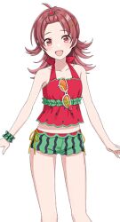 Rule 34 | 1girl, alternate hairstyle, food print, forehead, idolmaster, idolmaster shiny colors, komiya kaho, lowres, official art, red eyes, red hair, short shorts, shorts, solo, sunglasses, tank top, transparent background, watermelon print