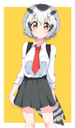 Rule 34 | 1girl, alternate costume, arms at sides, backpack, bad id, bad pixiv id, bag, black hair, black skirt, blonde hair, blush, breasts, brown eyes, closed mouth, collared shirt, expressionless, grey hair, highres, kemono friends, long sleeves, looking at viewer, medium breasts, multicolored hair, necktie, northern white-faced owl (kemono friends), red necktie, school uniform, shirt, short hair, skirt, solo, takom, user cpfg3235, white hair, white shirt, yellow background